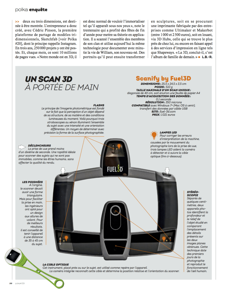Le scanner 3D Scanify Fuel3D dans la revue Polka